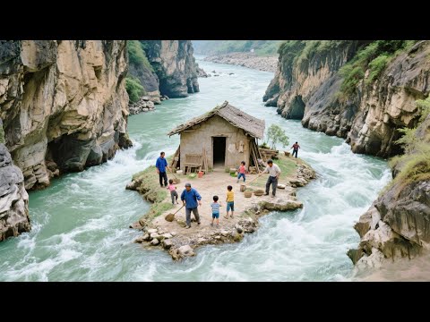 A single family lives on a small island in the middle of a river  with steep cliffs towering on bot