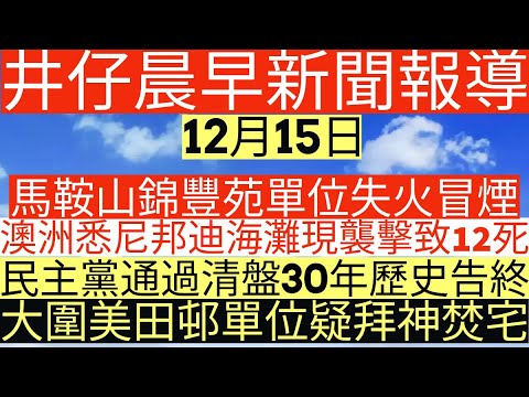 晨早新聞|馬鞍山錦豐苑單位失火冒煙|澳洲悉尼邦迪海灘現襲擊致12死|民主黨通過清盤30年歷史告終|大圍美田邨單位疑拜神焚宅|井仔新聞報寸|12月15日