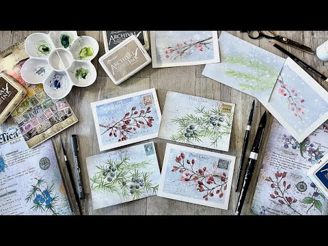 Watercolour Festive Berry Postcards with PaperArtsy stamps