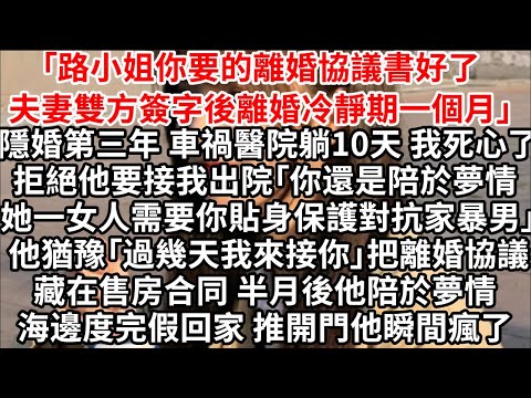 「路小姐你要的離婚協議書好了，夫妻雙方簽字後離婚冷靜期一個月」隱婚第三年 車禍醫院躺10天 我死心了，拒絕他要接我出院「你還是陪於夢情 她一女人需要你貼身保護對抗家暴男」他猶豫「過幾天我來接你」