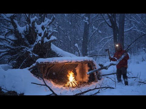 Extreme Winter Survival in Snowstorm | Under a Fallen Tree | Winter Camping