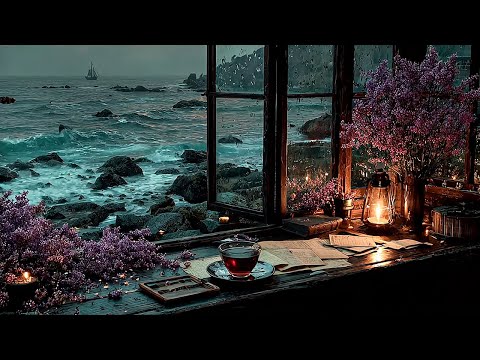 Seaside Writing Ambience | Rainy Ocean Waves with Melancholic Music for Introspection