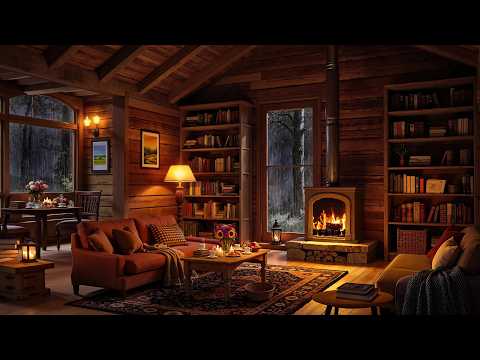 Rainy Night in a Cozy Cabin Ambience | Soft Jazz Music & Fireplace Sounds to Unwind