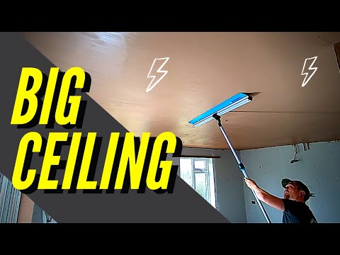 Plastering A BIG Ceiling (OX SPEEDSKIM POLE ATTACHMENT REVIEW/ PLASTERING STILTS/ PLASTERING TRICKS)