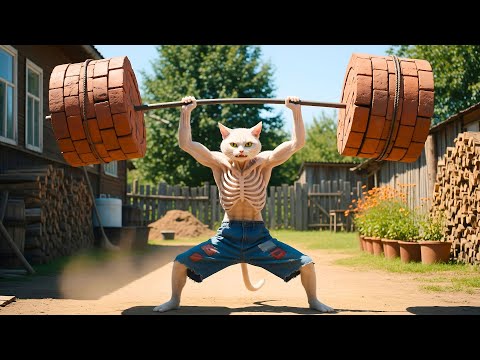🐱🌟Muscle Magic: Skinny Cat Lifts Huge Barbell Effortlessly🐱🌟
