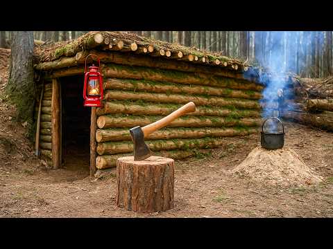 Construction of a warm shelter with a fireplace inside. Stayed overnight in a survival shelter