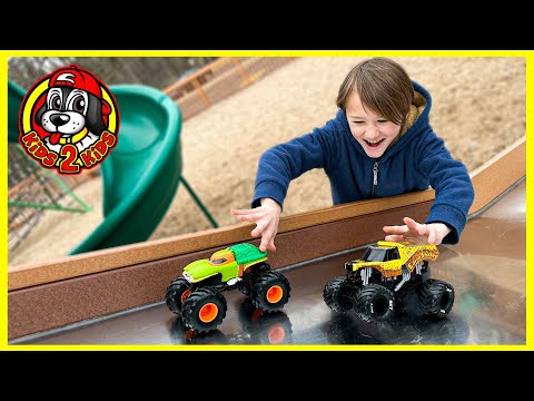 MONSTER TRUCKS PLAY AT THE PARK 🛝 Earth Shaker & Ninja Turtle Save Monster Mutt!