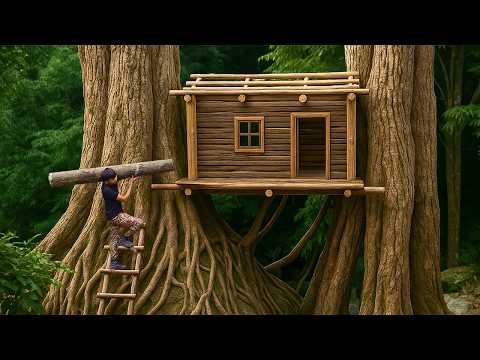 I am Building a Log Cabin on Giant Tree Trunks | Bushcraft Survival House