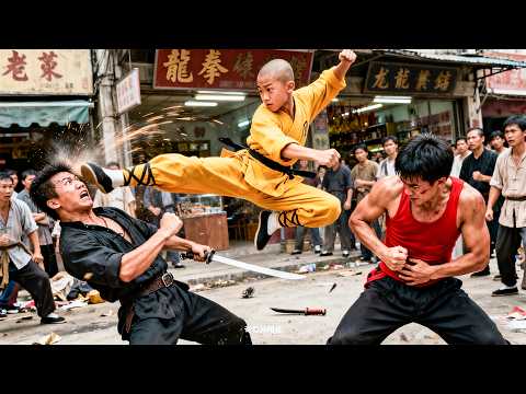 Shaolin kid street-fights robbers, action movie level.
