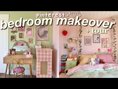 AESTHETIC ROOM MAKEOVER + tour!✮⋆painting🎨diy decor, pink & green theme🌷cozy+ pinterest inspired!
