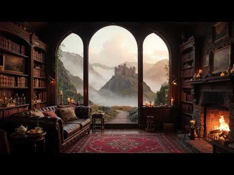 Scottish Library Ambience – Cozy Fireplace, Celtic Music & Rainy Highlands Sounds for Reading & Calm