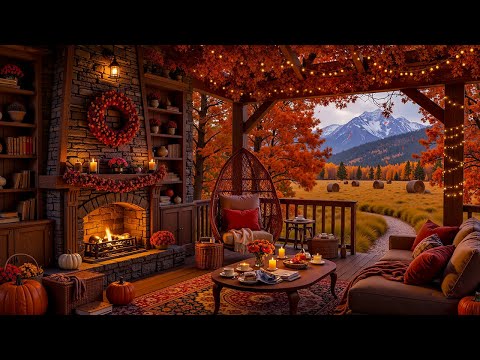 Peaceful Autumn Morning at Cozy Porch Ambience🍁Relaxing Piano Jazz & Fireside Warmth for Relax, Work