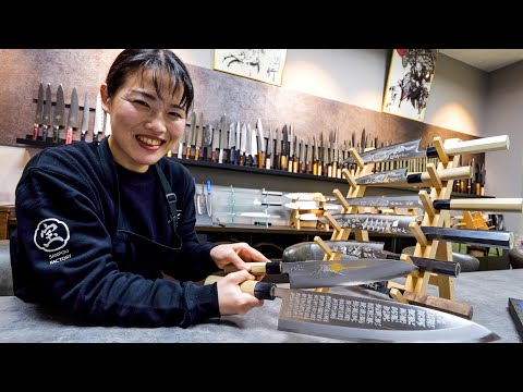 Process of engraving on knives. Young Japanese woman recognized by the world. amazing technique.