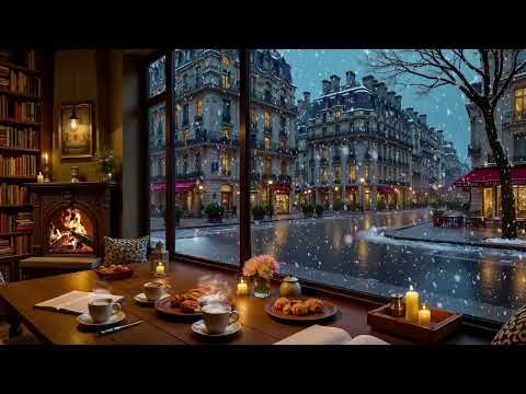 Beautiful Winter Coffee Shop Ambience ❄️ Gentle Jazz Music & Crackling Fireplace for Relax, Study