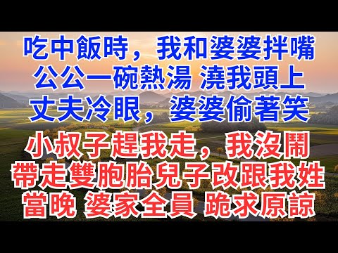 吃中飯時，我和婆婆拌嘴，公公一碗熱湯澆我頭上，丈夫冷眼，婆婆偷著笑，小叔子趕我走，我沒鬧，帶走雙胞胎兒子改跟我姓，當晚婆家全員跪求原諒#生活經驗#情感故事#故事#小說#戀愛#情感#婚姻#為人處世