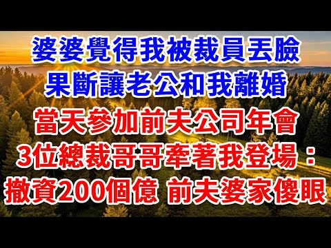 婆婆覺得我被裁員丟臉，果斷讓老公和我離婚，當天參加前夫公司年會，3位總裁哥哥牽著我登場，當場宣佈撤資200個億，前夫婆家傻眼了#思妤說故事#為人處世#生活經驗#情感故事#晚年哲理#說故事#完結文#原創