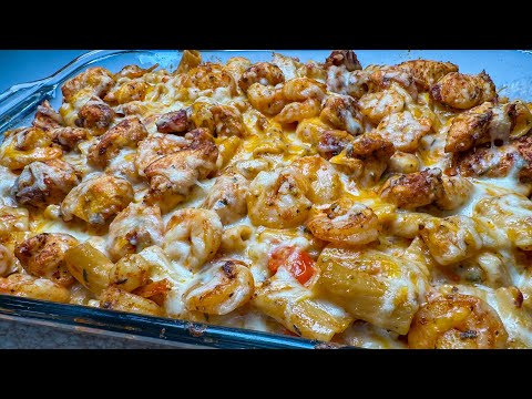 The Most Creamiest Baked Tuscan Chicken and Shrimp Pasta | Baked Tuscan Chicken & Shrimp Pasta