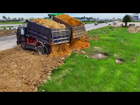 Perfect Start New Project! Dump Truck 5ton Filling Land Delete field, Bulldozzer D31P Pushing Soil