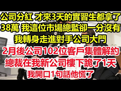 公司分紅，才來3天的實習生拿了38萬，我這位市場總監卻一分沒有，我轉身走進對手公司大門，2月後公司102位客戶集體解約，總裁在我新公司樓下跪了1天，我開口1句話他慌了#情感 #爽文 #職場 #生活