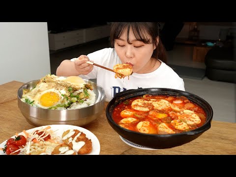 Soft tofu stew with canned tuna🍲Fish cutlets, Rice topped with eggs and soy sauce Mukbang