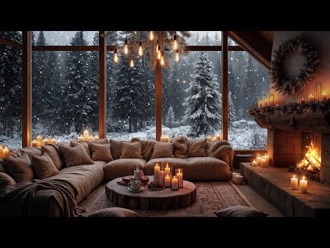 Dreamy Winter Cabin Ambience at Night | Fireplace Crackling & Peaceful Snowfall