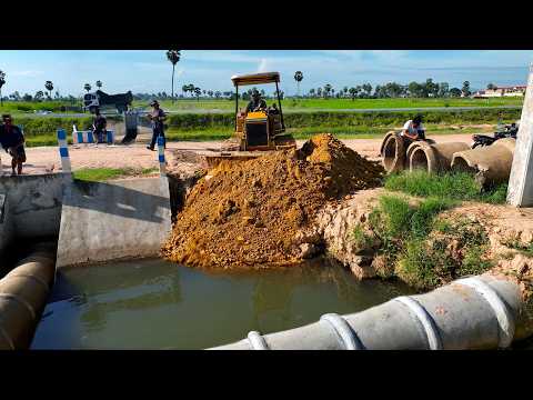 First Start a New Landfill Project!! Filling Sever Drain by Skill Dozer & Dump Truck Pushing Stone