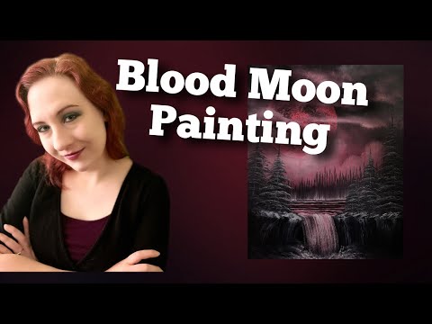 Bob Ross Style Blood Moon Falls Painting #bloodmoon #halloweenpainting #moonpainting