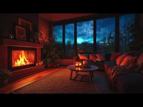 Thunderstorm & Crackling Fireplace | Cozy Living Room, Rain Sounds & Sleeping Cat