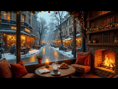 Serene European Street View | Winter Jazz Music with Warm Fireplace Sounds for Relaxing & Study