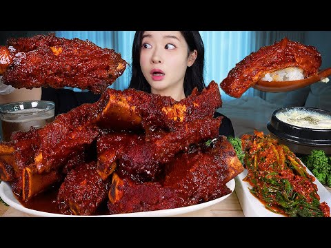 ASMR MUKBANG | Fall-Off-the-Bone SPICY GIANT Beef Ribs 🍖🔥 Green Onion Kimchi & Cheesy Steamed Eggs