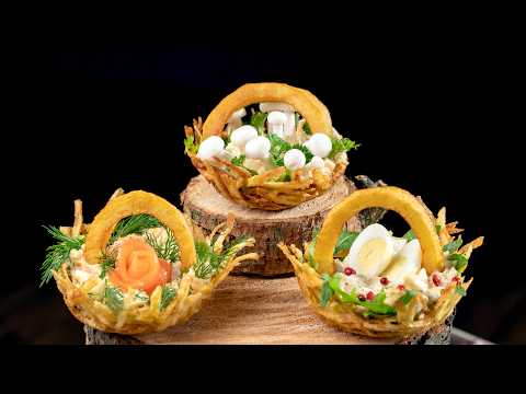 Potato baskets a recipe for a crispy snack. Potato Nests with quail eggs and salmon