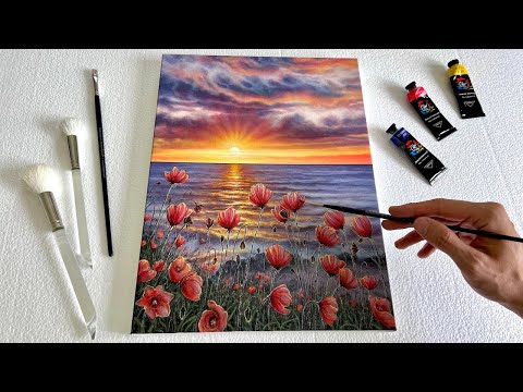 EASY Acrylic Painting Technique | Red Poppies Sunset Landscape Painting for Beginners