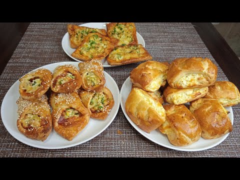 СЛОЙКИ ИЗ СЛОЕНОГО-ДРОЖЖЕВОГО ТЕСТА, сладкие и мясные.