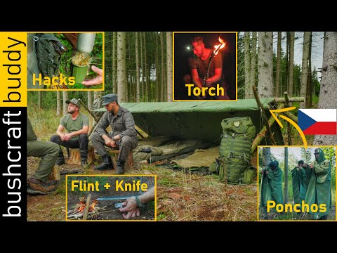 Old Army Gear Overnight | CZ Poncho Shelter | Torch from Spruce Resin | Flint and Knife Fire