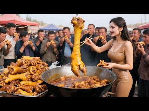Beautiful Xinjiang women sell three kinds of beef at rural markets. Cow hooves are sold at 23 yuan