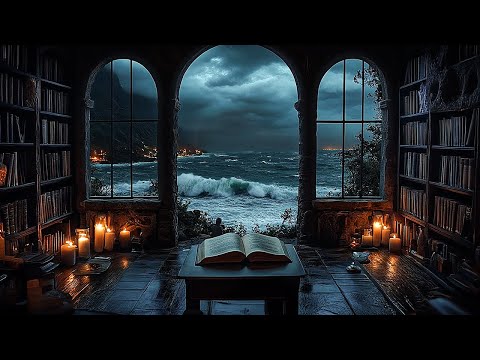 Reading Ocean Views: Dark Academia Vibes & Melancholic Piano Music for Study | Stormy Rainy Night