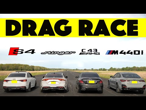2024 M440i GranCoupe vs Kia Stinger GT vs Audi S4 vs Mercedes Benz C43 AMG. Drag and Roll Race.