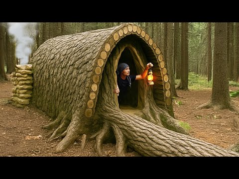 I Built a Bushcraft Survival Shelter Under a Large Fallen Tree