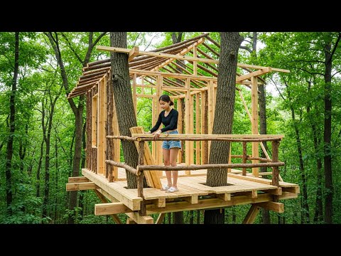 Young Girl Spent 3 Days to Builds a Treehouse for Rain - Solo Survival Skills, Wooden Craft