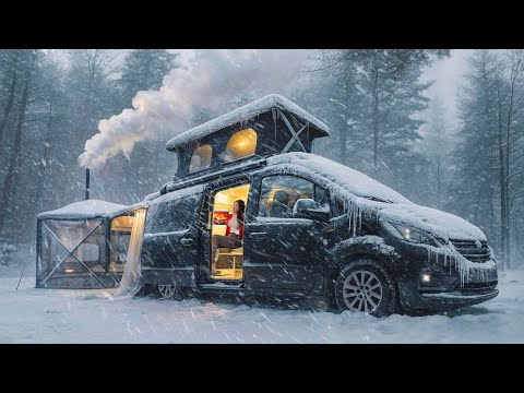 -10 ℃  COMFORTABLE SNOW CAMPING IN A NEW  SMALL CAMPERVAN EQUIPPED WITH A WOOD STOVE AND SHOWER 🚗