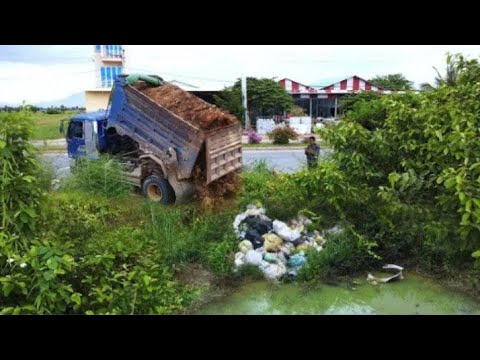 First Start New Project!! Activities of the 5-ton trucks pour soil & pushing soil by Dozer D20P