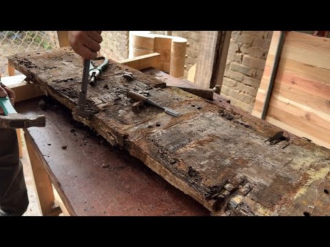 The Process Of Transforming An Ugly Log, Full Of Holes And Rusty Nails, Into A Piece Of Furniture.
