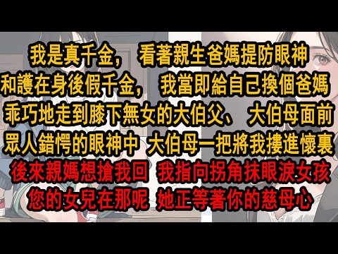 我是真千金，看著親生爸媽提防眼神和假千金，我當即決定給自己換個爸媽，乖巧地走到膝下無女的伯母面前，大伯母一把將我摟進懷裏。後來，親媽想搶我回去，我指向拐角抹眼淚女孩：您的女兒在那呢，她正等著你的慈母心