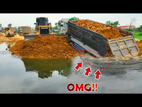 Wow.. Incredible Fill Land Job!! Dump Truck 25Ton Back Uploading overturned, Bulldozer SHANTUI Rescu