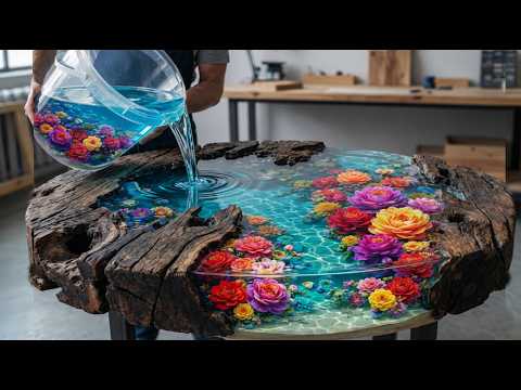 Rotten wood + Fresh Flowers+Epoxy glue: Young Craftsman Breathes Life Into Dead Wood=A Bizarre Table
