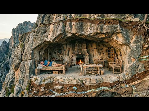 Building a Complete and Warm Survival Shelter | Bushcraft Cliffside Cave and Bamboo Tools