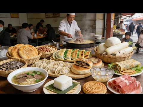 Chinese Street Food: 20+ Shops Tour! Giant Shaobing, Beef Soup, Pan-fried Bun [Carb Heaven]