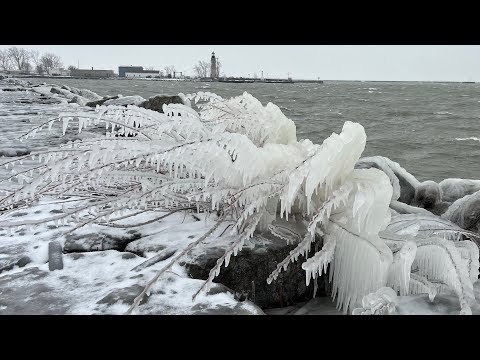 Buffalo shoreline encased in ice after high winds on Lake Erie