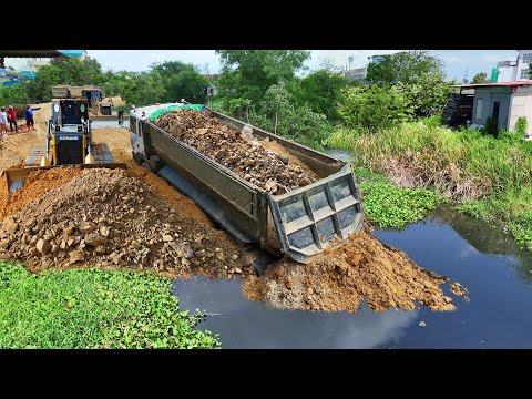 Full Video! Be cautious Landfill Task! Truck 25.5Ton Dumping Soil Stuck, Technique Rescue By Dozer