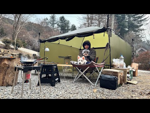 청명한 가을. 고요하고 깊은 산속에서 강아지 두마리와 함께하는 가을캠핑/양갈비스테이크/김치사발면/라볶이